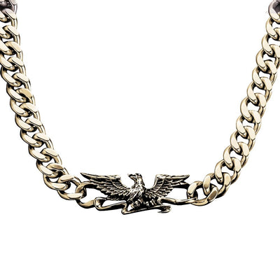 Patriot Eagle Gold Necklace featuring a gold-plated stainless steel chain with a detailed eagle pendant, designed for male jewelry collectors and enthusiasts.
