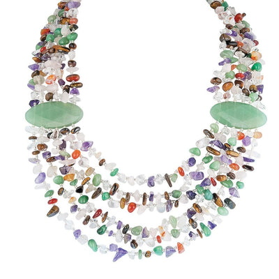 Jade Cascade Necklace featuring multiple strands of colorful semi-precious stones with two large green jade accents, designed for female jewelry lovers.