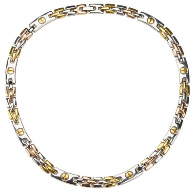 Landor Men's Necklace featuring a two-tone stainless steel design with interlocking links and decorative screw accents, offering a bold and stylish jewelry piece for men.