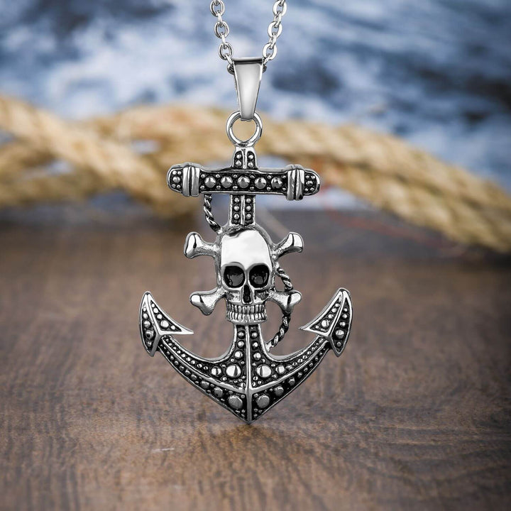 Anchors Aweigh Skull Pendant made of two-tone stainless steel featuring a detailed skull and anchor design on a matching chain, ideal for men's jewelry collections.