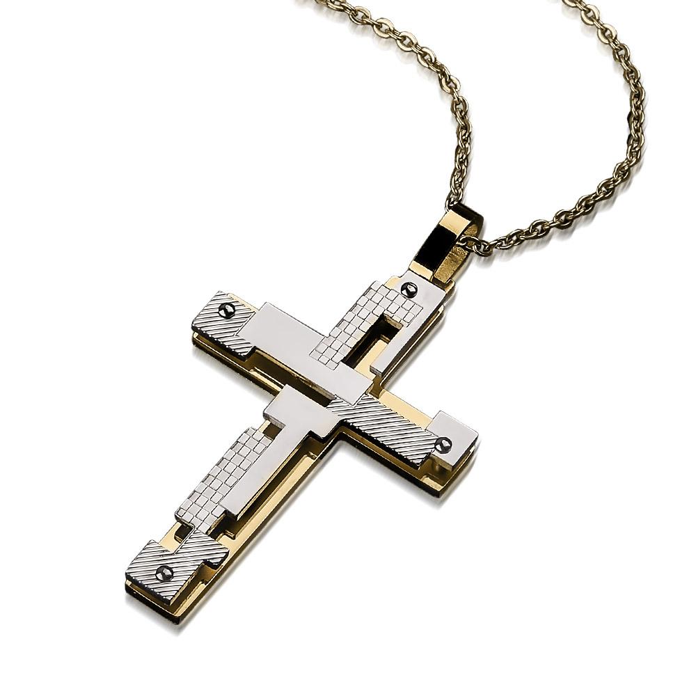 Contemporary Men's Cross Pendant crafted from two-tone stainless steel featuring intricate geometric patterns on a stylish chain, perfect for men's jewelry collections.