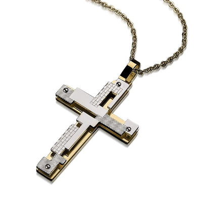 Contemporary Men's Cross Pendant crafted from two-tone stainless steel featuring intricate geometric patterns on a stylish chain, perfect for men's jewelry collections.