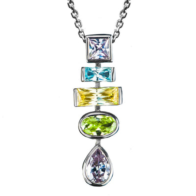 Adventurine Spring Pendant featuring sterling silver with rhodium plating, showcasing multicolored gemstones in a vertical arrangement on a delicate chain for female jewelry.