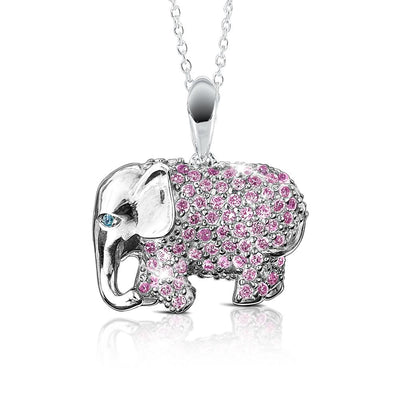 The Elephant Parade Pendant featuring a sterling silver and rhodium-plated elephant adorned with pink crystals, designed as elegant female jewelry necklace.