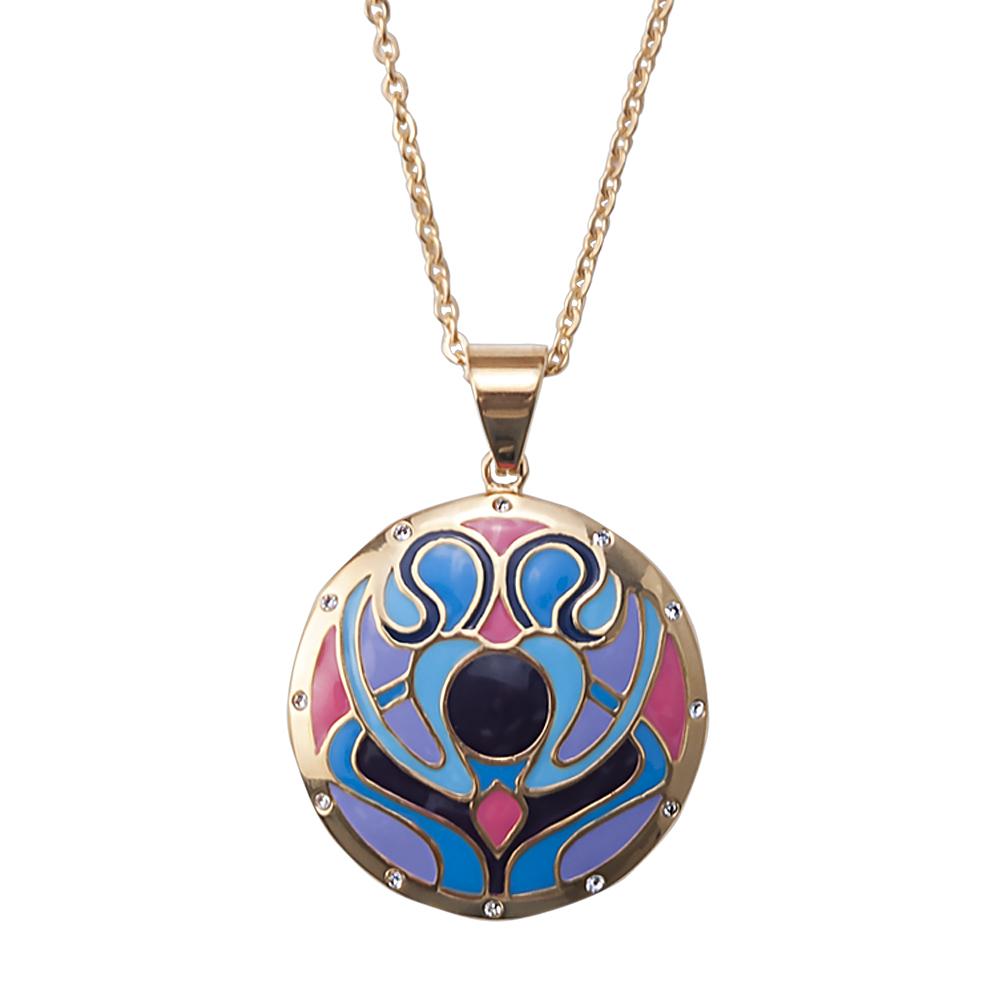Golden Peacock Pendant necklace for female made of stainless steel featuring a colorful peacock design with blue, purple, and pink enamel details and a dark central stone.