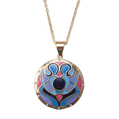 Golden Peacock Pendant necklace for female made of stainless steel featuring a colorful peacock design with blue, purple, and pink enamel details and a dark central stone.