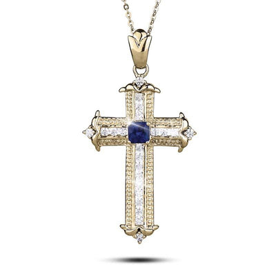Sapphira Cross Pendant featuring a sterling silver cross plated in gold with a central blue gemstone and clear accent stones, designed for female jewelry lovers.