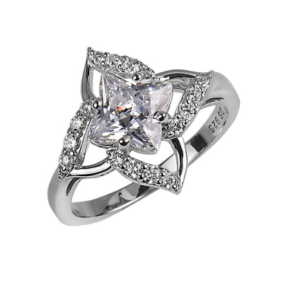 Starfire Ring in sterling silver with rhodium plating, featuring a large princess-cut central gemstone surrounded by pavé-set smaller stones, designed for females.