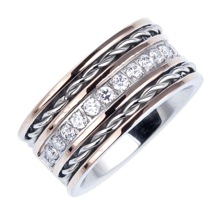 A close-up of the Aficionado Rose Gold Ring featuring unisex two-tone plating stainless steel with sparkling clear stones and intricate twisted rope design accents.