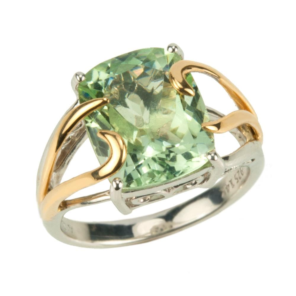 Maxims Amethyst Ring featuring a two-tone sterling silver band with an elegant light green gemstone centerpiece, designed for women seeking unique jewelry.