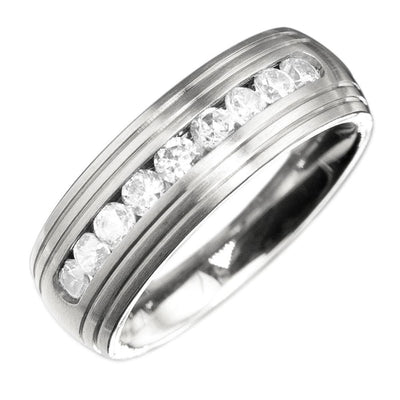 Couture Band Steel Ring in stainless steel featuring a sleek band with a row of sparkling clear stones, designed as a unisex jewelry piece.