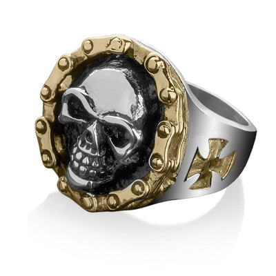 Chain Link Skull Ring made of stainless steel with two-tone plating, featuring a detailed skull centerpiece and cross design on the band, designed for men’s jewelry.