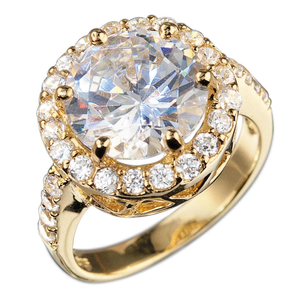 Versailles Gold Ring featuring a large round clear gemstone centerpiece surrounded by smaller stones, crafted in sterling silver with gold plating, designed for women.
