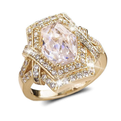 Catalina Ring featuring a sterling silver base plated in gold with a large faceted central gemstone surrounded by intricate rows of sparkling smaller stones, designed for women.