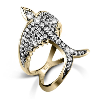 Swallows Return Gold Ring crafted from sterling silver with gold plating, featuring intricate crystal accents in a unique swallow design for women’s jewelry.