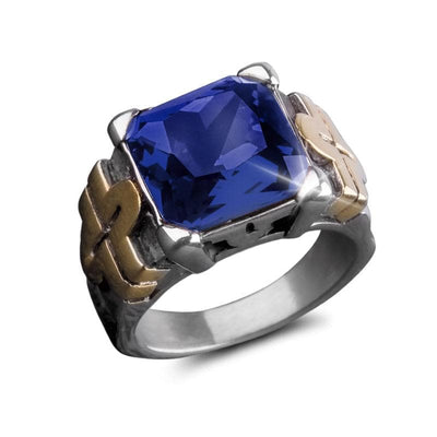 Fiesta Blue Men's Ring featuring a large blue stone set in stainless steel with gold plating accents, showcasing a bold and elegant design for men’s jewelry.