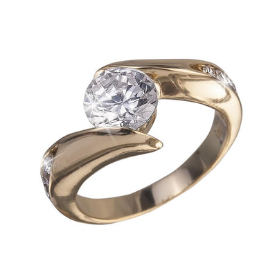 Viva Gold Rings featuring a sterling silver band with gold plating, designed for women, showcasing a prominent sparkling center stone and elegant curves.