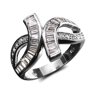 Baguette Twist Ring Rhodium crafted in sterling silver for women, featuring a unique twisted design adorned with baguette and round-cut clear stones for elegant jewelry style.
