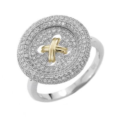 Buttonbox Ring designed for females, featuring a two-tone sterling silver band with a round button-inspired top accented by gold-plated cross detail, elegant jewelry piece.