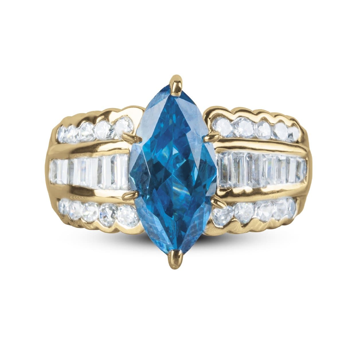 Carman Marquise Ring featuring a gold-plated stainless steel band with a large blue marquise-cut center stone and rows of clear accent stones on each side, designed for women.