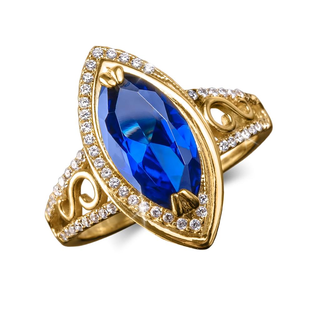 Ceylon Marquise Ring featuring a marquise-cut deep blue gemstone set in sterling silver with gold plating, adorned with small sparkling clear stones on an elegant band for females.