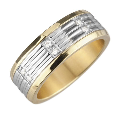 Men's Carlton Diamond Ring featuring a two-tone stainless steel band with vertical grooves and embedded diamonds, showcasing elegant and modern jewelry design.