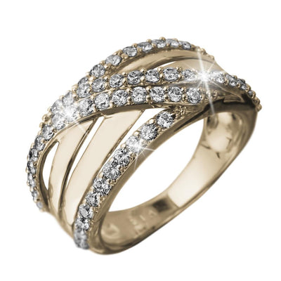 Roma Wave Ring made of sterling silver with gold plating, featuring multiple rows of sparkling stones in a wave-inspired design for women’s elegant jewelry.