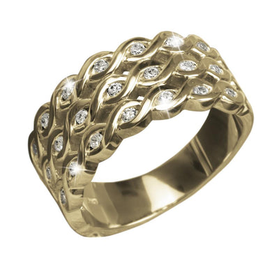 Ipanema Gold Ring featuring a sterling silver base with gold plating and an elegant woven design accented with sparkling clear stones, designed for women’s jewelry collections.