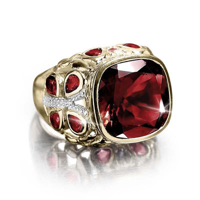 Springtime Garnet Ring featuring a large garnet stone set in gold-plated stainless steel, designed for women, combining elegant jewelry craftsmanship with a bold, luxurious style.