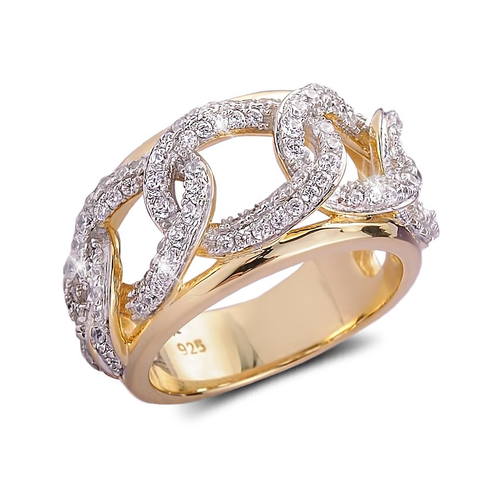 Catena Ring featuring a sterling silver band with gold plating, designed for women, showcasing an intricate chain-link pattern encrusted with sparkling stones.