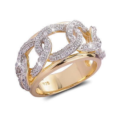 Catena Ring featuring a sterling silver band with gold plating, designed for women, showcasing an intricate chain-link pattern encrusted with sparkling stones.