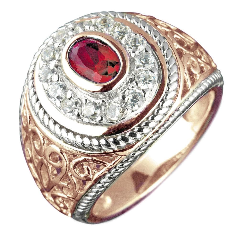College League Red Stone Ring featuring an oval red stone centerpiece surrounded by clear stones, set on a two-tone sterling silver band with intricate detailing for men’s jewelry.