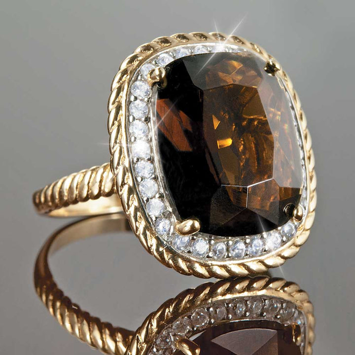 Chocolat Twist Ring featuring a large brown gemstone set in sterling silver with gold plating, surrounded by small clear stones, designed for women’s jewelry.
