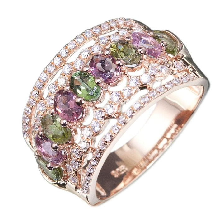 Aurora Ring in sterling silver with rose gold plating, featuring alternating pink and green gemstones surrounded by small sparkling accents, designed for women’s jewelry collection.