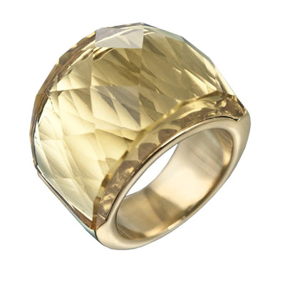 Yellow Crystal Kaleidoscope Ring featuring a large faceted yellow crystal set in a gold-plated stainless steel band, designed elegantly for women’s jewelry collections.