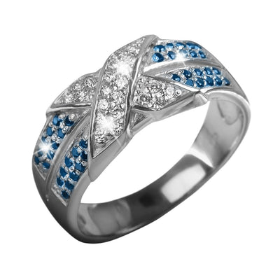Embrace Rhodium Ring in sterling silver with rhodium plating, featuring an elegant crisscross design adorned with white and blue gemstones for women’s jewelry.