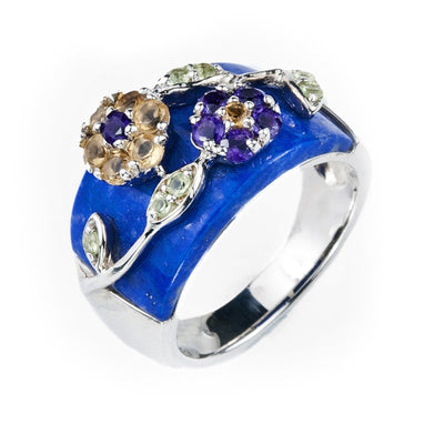 Babylon Ring featuring sterling silver with rhodium plating, accented by blue enamel and floral designs with purple and amber gemstones, a unique jewelry piece for women.