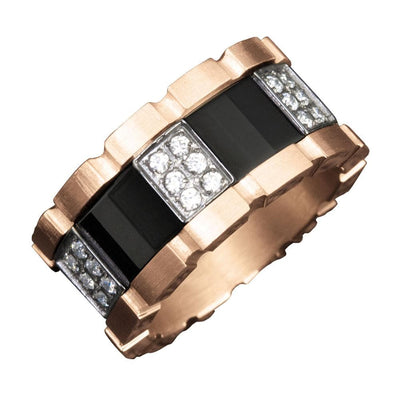 Men's Datemaster Ring crafted from stainless steel with a two-tone plating featuring black inlay and sparkling crystal accents, designed for a bold, masculine look.