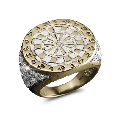 Men's Sport Ring crafted from sterling silver with gold plating, featuring a detailed dartboard design accented by sparkling stones on the sides.