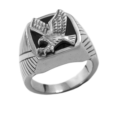 Steel Eagle Ring crafted in stainless steel for men, featuring a detailed eagle design with engraved accents on the band, perfect for bold jewelry collections.