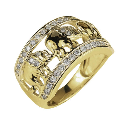 Elephant Parade Ring in sterling silver with gold plating, featuring detailed elephant motifs and sparkling accents, designed as elegant jewelry for women.