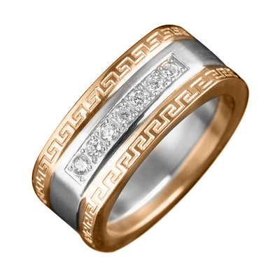 Men's Classic Empire Ring featuring two-tone stainless steel with elegant geometric pattern edges and a central row of sparkling gemstones.