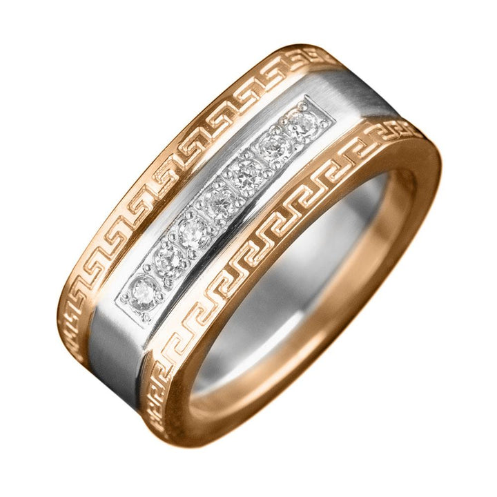 Men's Classic Empire Ring featuring two-tone stainless steel with elegant geometric pattern edges and a central row of sparkling gemstones.