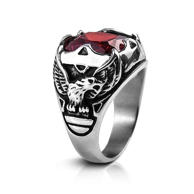 Men's Red Eagle Stone Ring made of stainless steel featuring a detailed eagle design with a large red stone centerpiece, perfect men's jewelry accessory.
