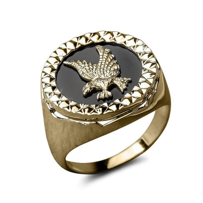 Imperial Sovereign Ring in gold plating featuring a detailed eagle emblem on a black background, a bold and elegant men's jewelry statement piece.