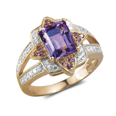 Amethyst Star Ring featuring a sterling silver band with rose gold plating, adorned with a large rectangular amethyst center stone and smaller accent stones, designed for women.
