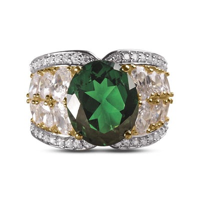 Fairfield Ring featuring a large green oval centerpiece gemstone, flanked by clear stones set in sterling silver with gold plating, designed for women’s jewelry.