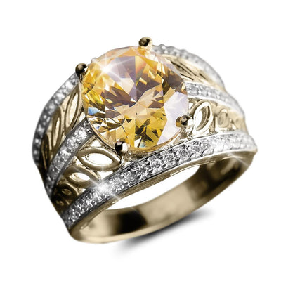 Golden Sahara Ring featuring a large oval golden gemstone set in gold-plated sterling silver with intricate detailing and sparkling accents, designed for women’s jewelry.