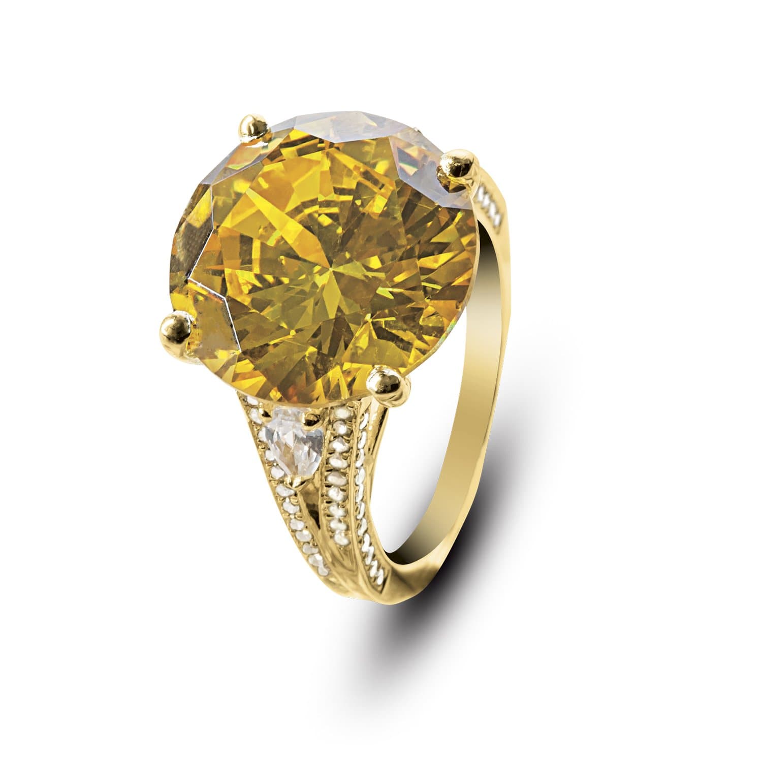 Golden Sun-Drop Ring featuring a large golden yellow gemstone set in sterling silver with gold plating, designed for women’s jewelry collections.