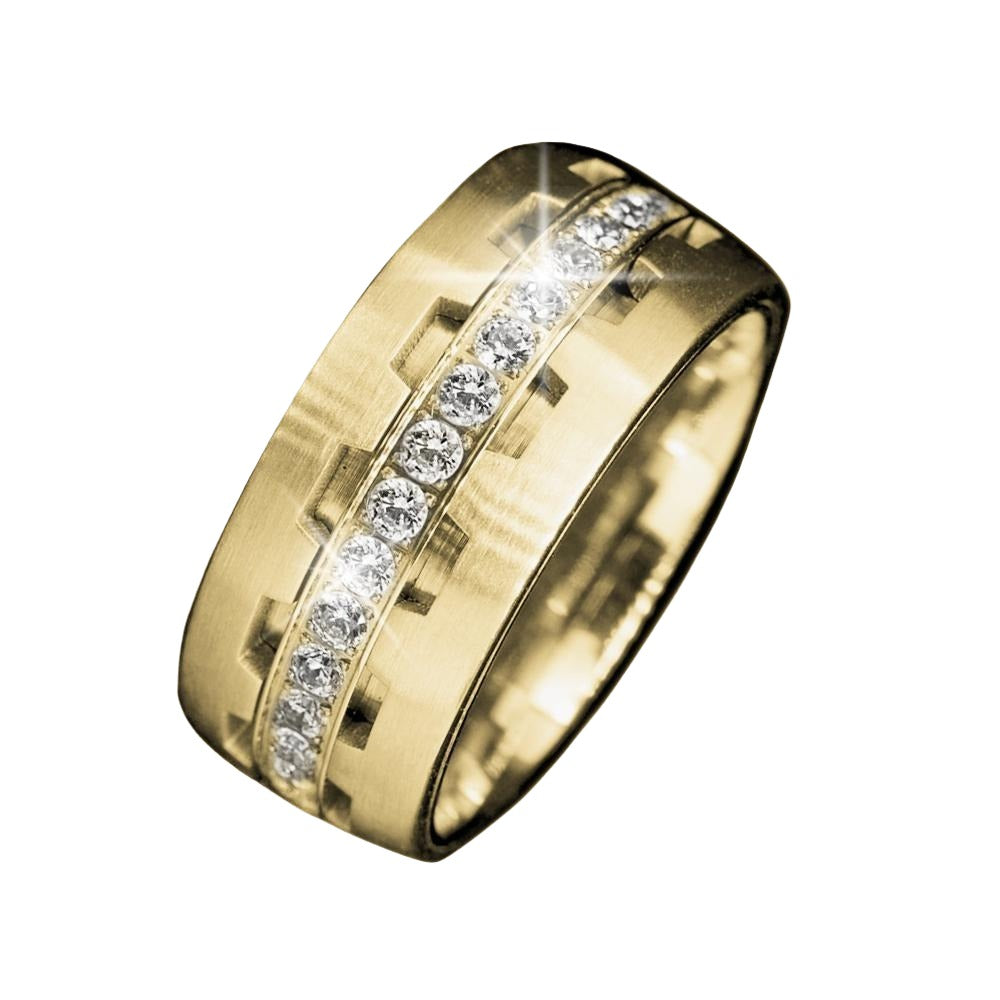 Grand Prix Men's Ring featuring a gold-plated stainless steel band with a central row of sparkling clear stones, designed for a distinguished and elegant look.